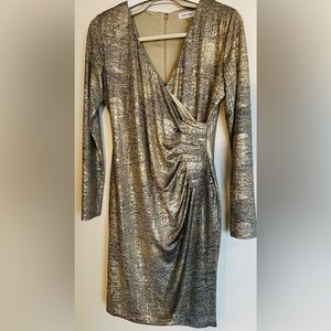 Calvin Klein gold faux-wrap sheath dress, 12 petite